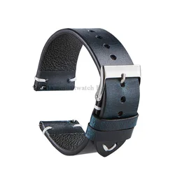 Handmade Retro Red Brown Leather Watch Band - Quick Release Calfskin Strap - 22mm (Blue)
