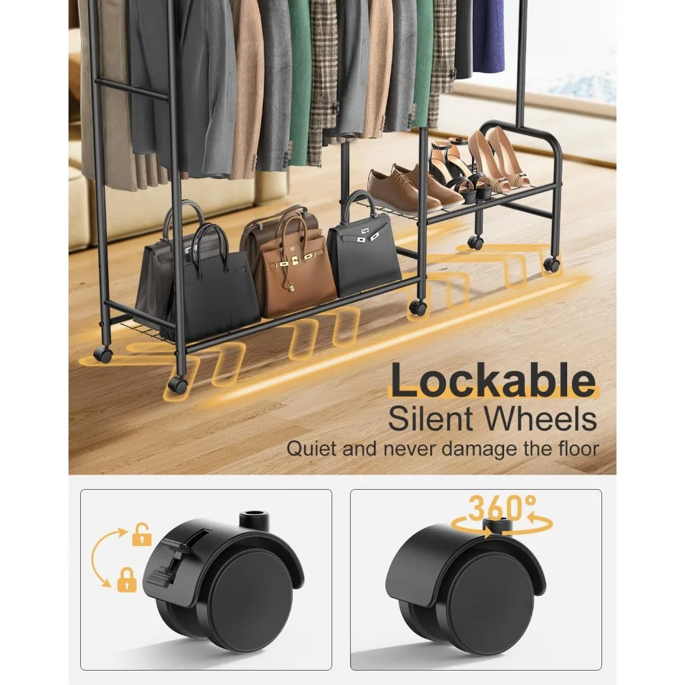 3-In-1 Clothes Racks For Hanging Clothes with Coat Rack,Portable Garment Racks with Lockable Wheels,Multi-Functional Closet Rack 4