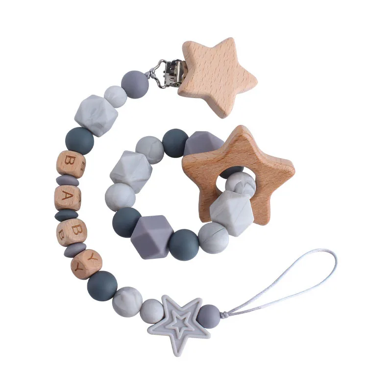 Baby Custom Name Silicone Beads Star Pacifier Clips Safe Teething Chains Teether Eco-friendly Dummy Beech Clips Holder