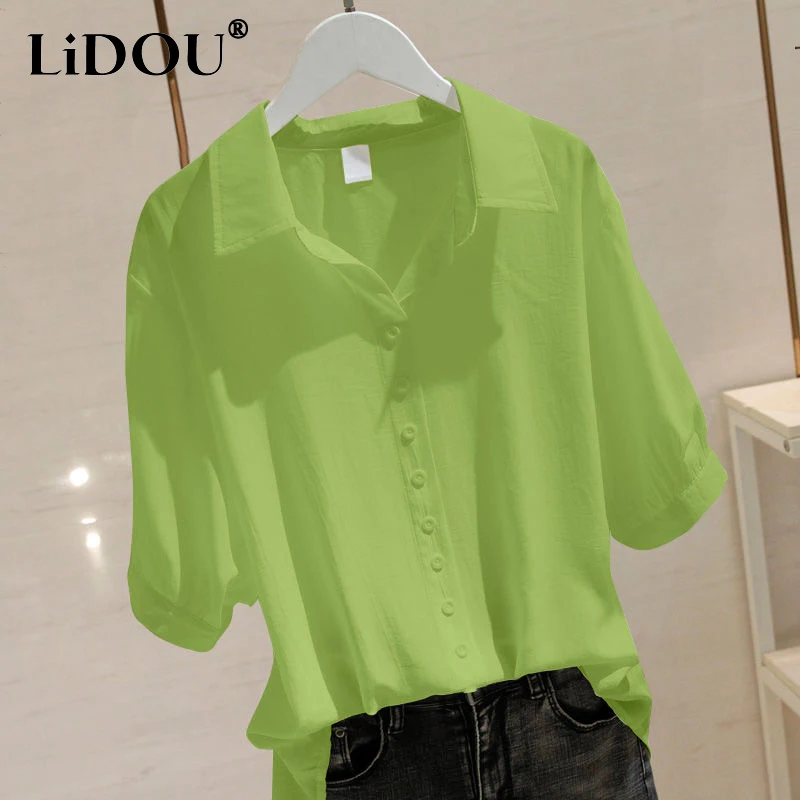 

Summer New Korean Fashion Solid Lapel Buttons Simple Oversized Short Sleeve Shirt Female Loose Casual Fruit Green Blouse Blusas