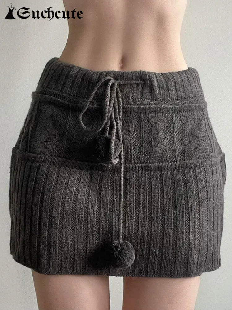 

SUCHCUTE Y2K Fairycore Solid Sweater Skirts Women Low Waist Drawstring Twist Mini Skirts Harajuku Slim Fall Winter Clothes 2022