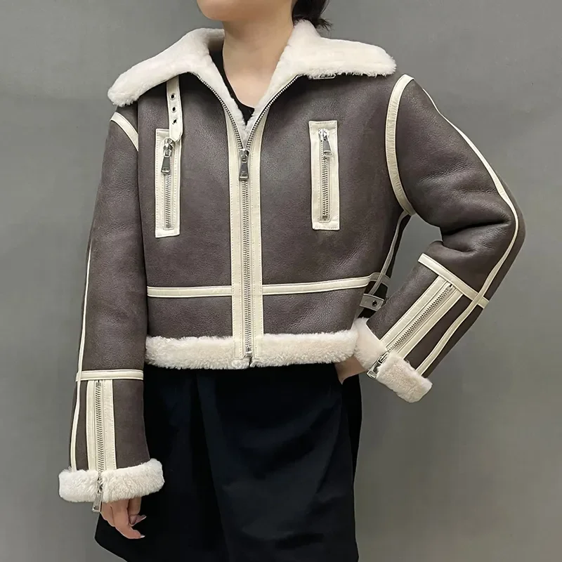 

2023 Women's Short Real Shearling Coat Genuine Lambskin Leather Coat Warm Real Wool Winter Double Face Jacket MH5900L