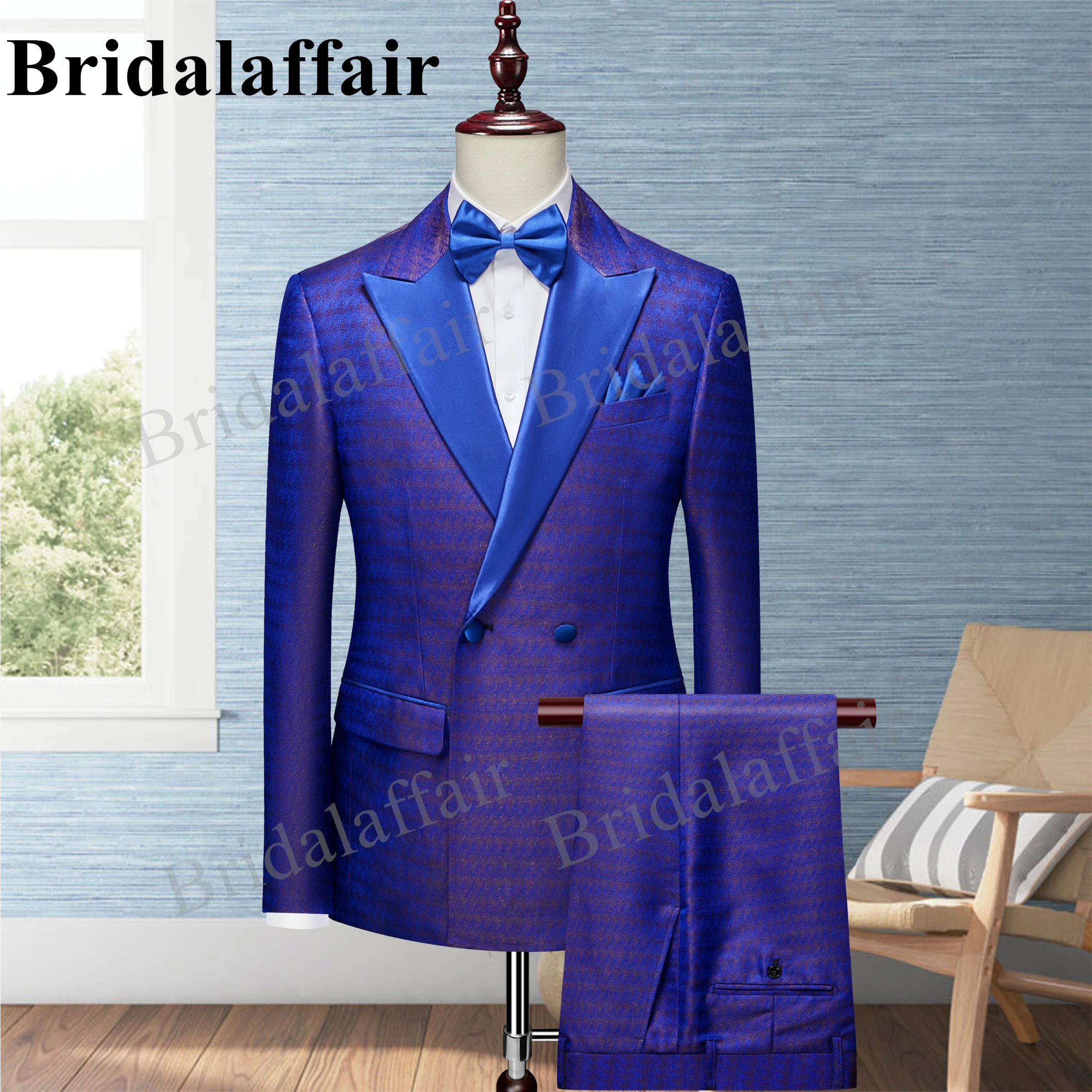 Bridalaffair Mens Blue Suits Elegant Jacquard Wedding Tuxedo for Men 2pcs Blazer Jacket Vest Pant Costume Homme Costumize Suit bridalaffair mens red suits slim fit jacquard floral printed wedding tuxedo for men costume homme 3pcs blazer jacket pants vest