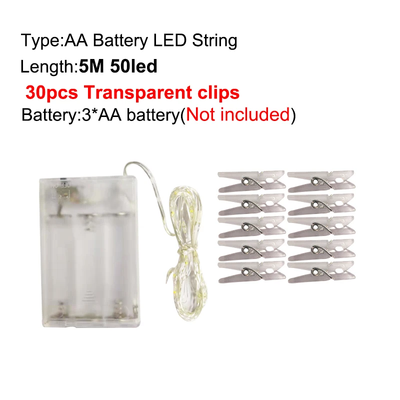 thumbnail image 1 of Guirnalda de luces LED con clip para fotos, USB/batería, 2 m, 5 m o 10 m, decoración navideña para el hogar, dormitorio, fiesta y vacaciones, 1 of 5