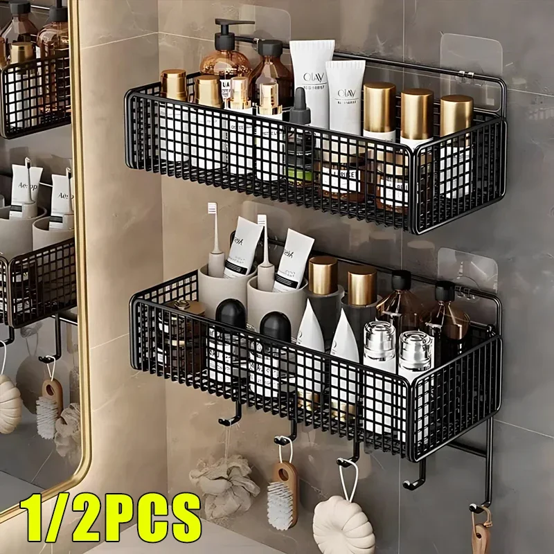 Bilayer Bathroom Grid Shelf Suspension Type Bathroom Organizer Shampoo Shower Gel Kitchen Makeup Storage Bathroom Accessories 2