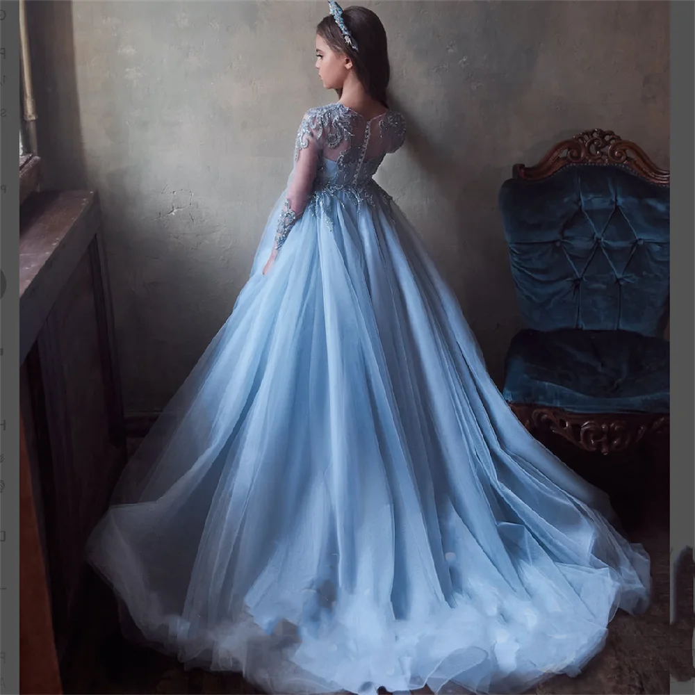 Flower Girl Dress Tulle Blue Wedding Birthday Full Sleeves Beaded Princess Kids First Communion Party Dresses Ball Gowns