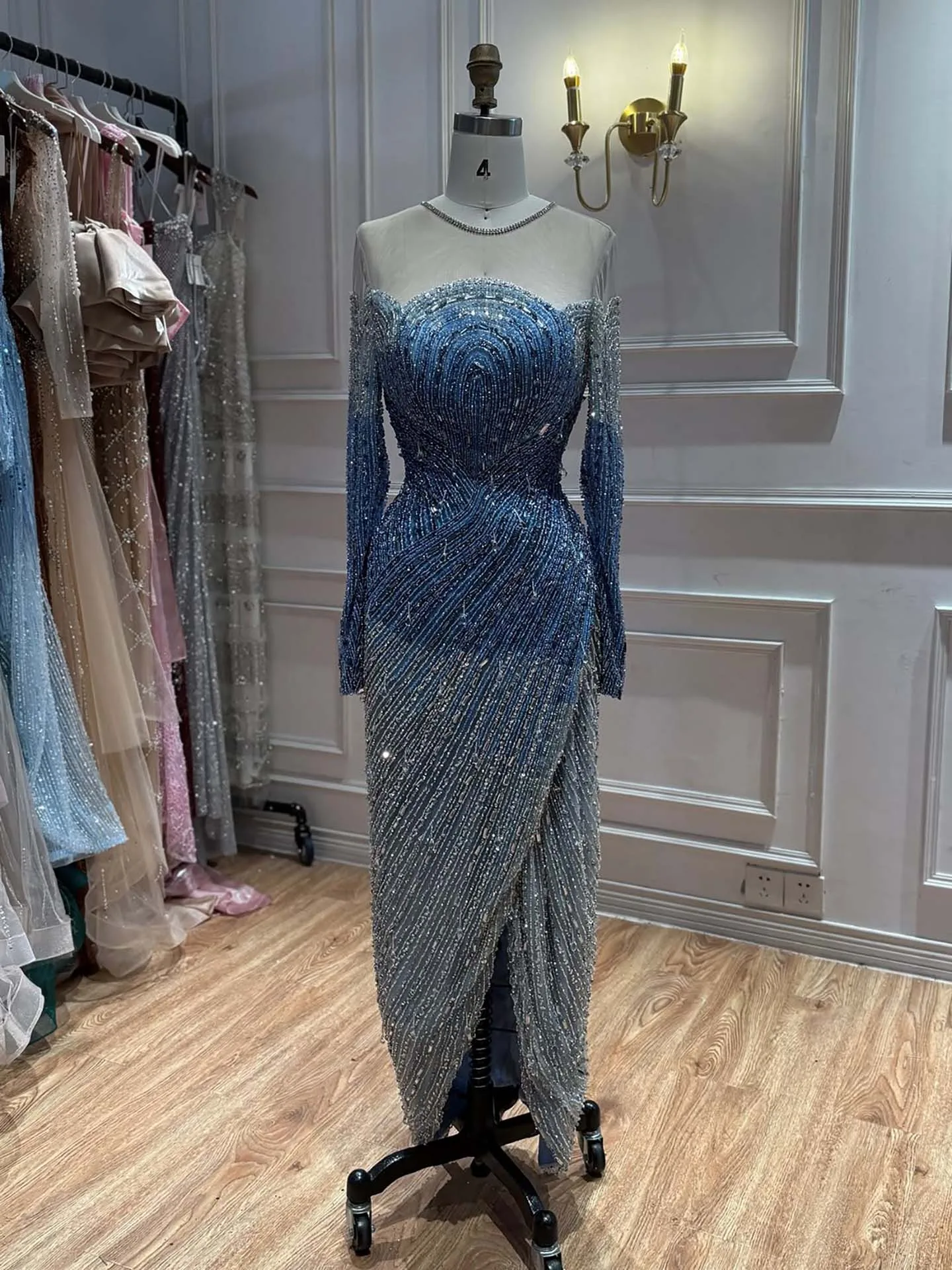 Serene Hill 2026 Luxury Blue Crystal Beaded Mermaid Evening Dress For Formal Wedding Party LA73544 Customized