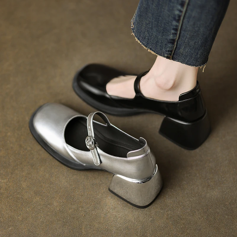 Autumn Elegant Ladies Pumps Fashion One-line Buckle Ladies Square Heels Women Shallow Party Shoes High Heels Shoes Round Toe