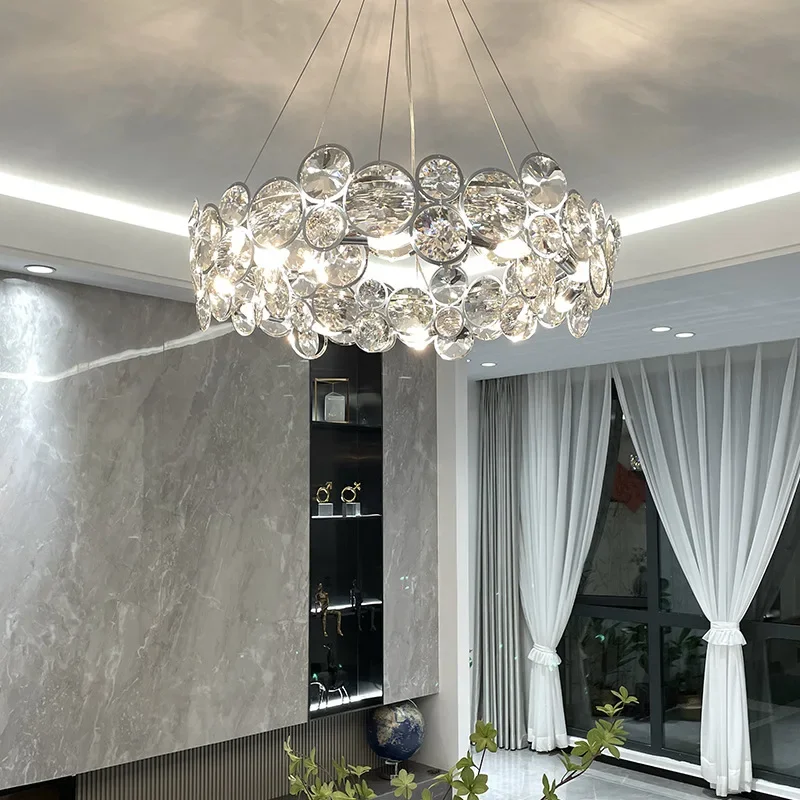 

Modern Luxury Round Crystal Pendant Chandelier for Living Room Morrior Glass Indoor Table Decoration Lighting Fixture Chrome
