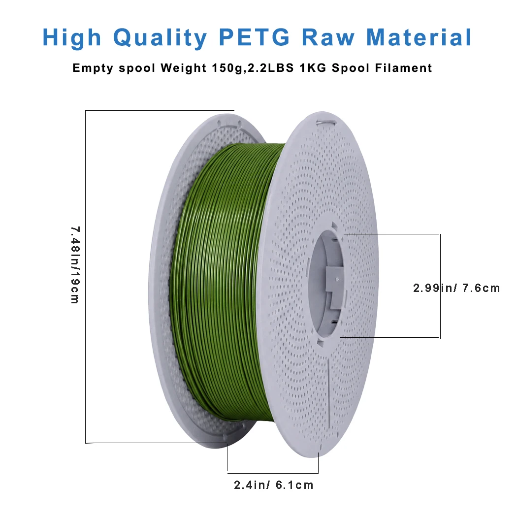PETG 1Kg 필라멘트 1.75mm 아미 그린 색상, 초강력, 열에 강함, 무취, 1kg(2.2lbs) PETG 3D 프린터 필라멘트, 디멘시오