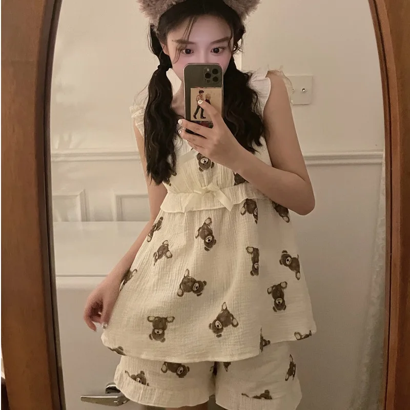 

Cartoon Bear Girl Pajama Sets 100% Cotton Comfortable Homewear Sleeveless Top Shorts Sleepwear Crepe Bow Tie Cute Nightwear S177