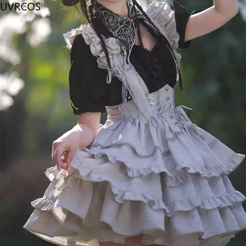 Japanese Victorian Gothic Lolita Dress Women Punk Style Rose Bow Sleeveless Bandage Strap Dresses Harajuku Y2k Party Mini Dress lolita dress lolita cosplay costumes