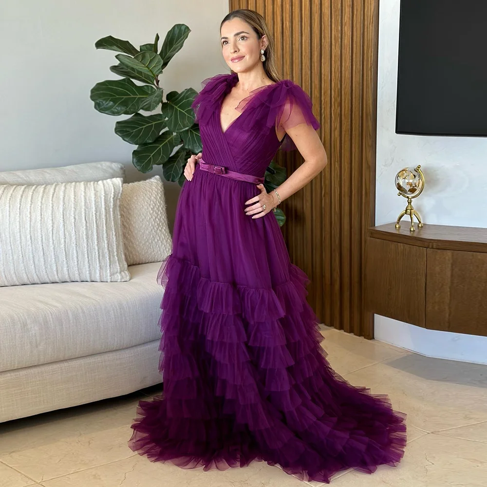 

Modena Prom Gown V-Neck Tiered Sleeveless A-Line Formal Evening Dresses Simple Tulle Pleat Long Party Dress Sweep Train