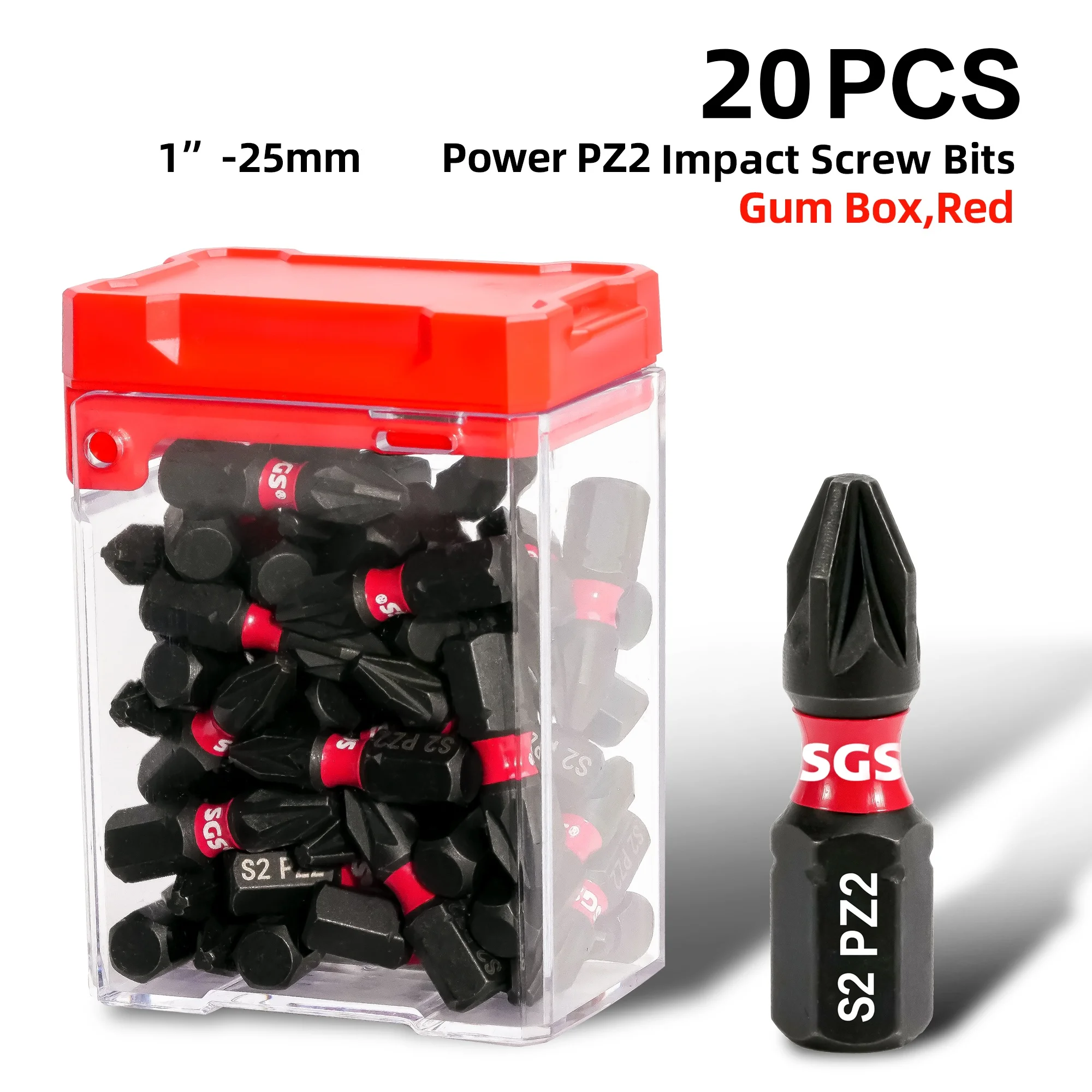 25mm 짧은 Pz1/Pz2/Pz 3m 스크루드라이버 비트 20개 세트, S2 스틸, 토크 쿠셔닝, 정밀 피팅, 레드 캡, 투명 보관함, 전동 드릴 임팩트 액세서리