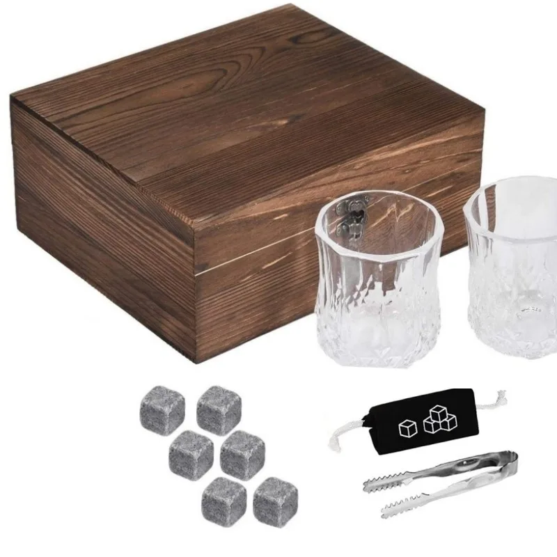 Whiskey Stones Glasses Set Granite Ice Cube Glass Cup Wooden Bottle Box Fathers Day Gifts for Dad whiskey stones set