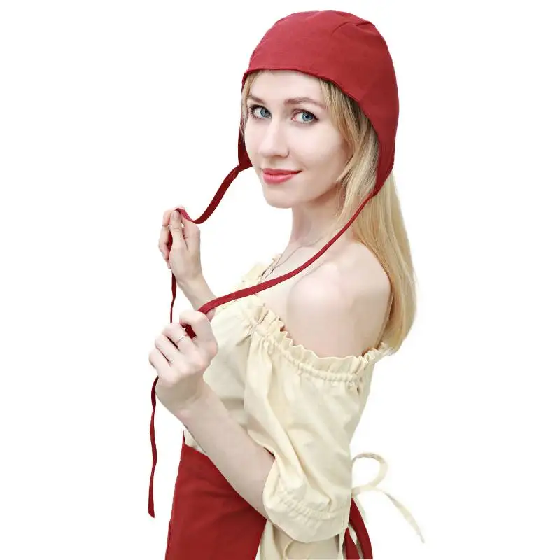 DAZCOS Medieval Coif Cap Linen Cap Women's 13-15 Century Victorian Hat Colonial Cosplay Headwear Red Brown White Black