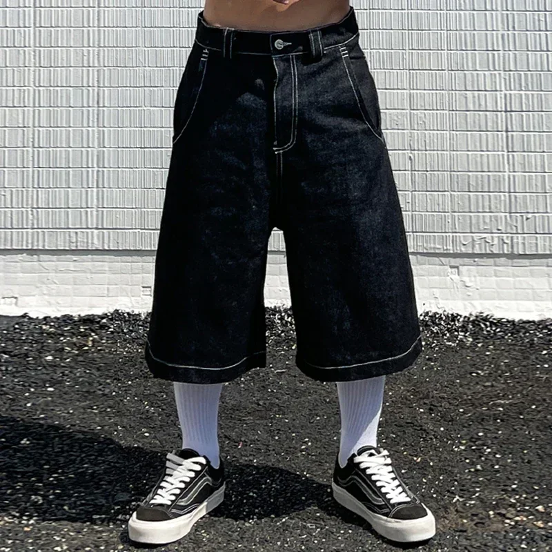 Men and Women's Y2K Embroidered Denim Shorts, Summer Sports American Retro Loose Wide Leg Skateboarding Hip Hop Cropped Pants