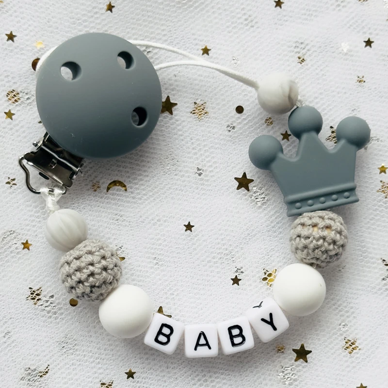 

NEW Custom Personalized Name Pacifier Clip Handmade Beech Wooden Chain Silicone Crown Holder Soother Baby Teething Toy Chew Gift