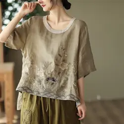 2024Autumn Women Embroidered Cotton Linen T-shirt O-neck Loose Top Half Sleeve Pullover Hanfu traditional chinese clothes