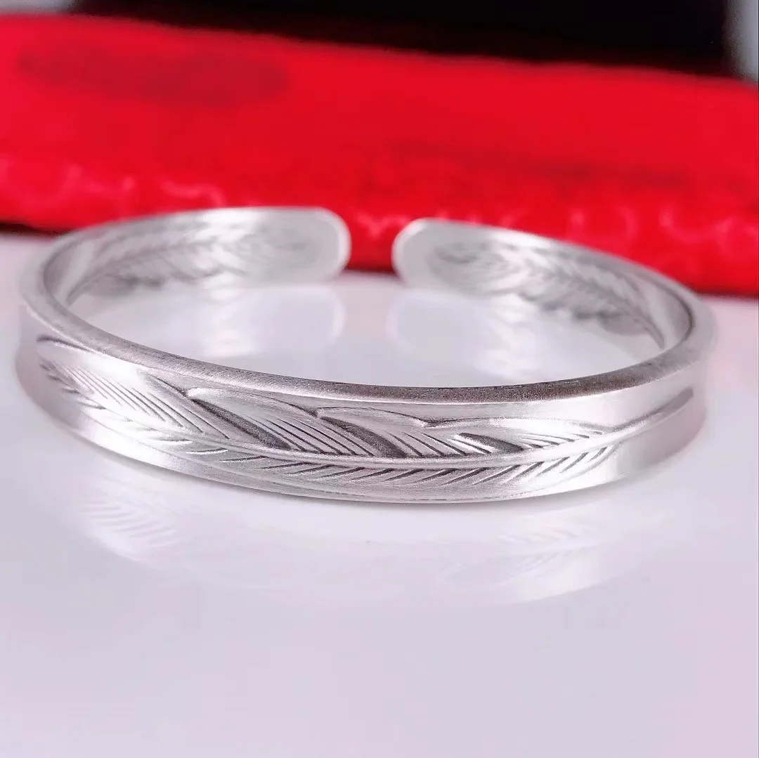 

Zuyin 999 Vintage Matte Feather Open Silver Bracelet For Men And Women Couples Fashion Versatile Bracelet Gifts