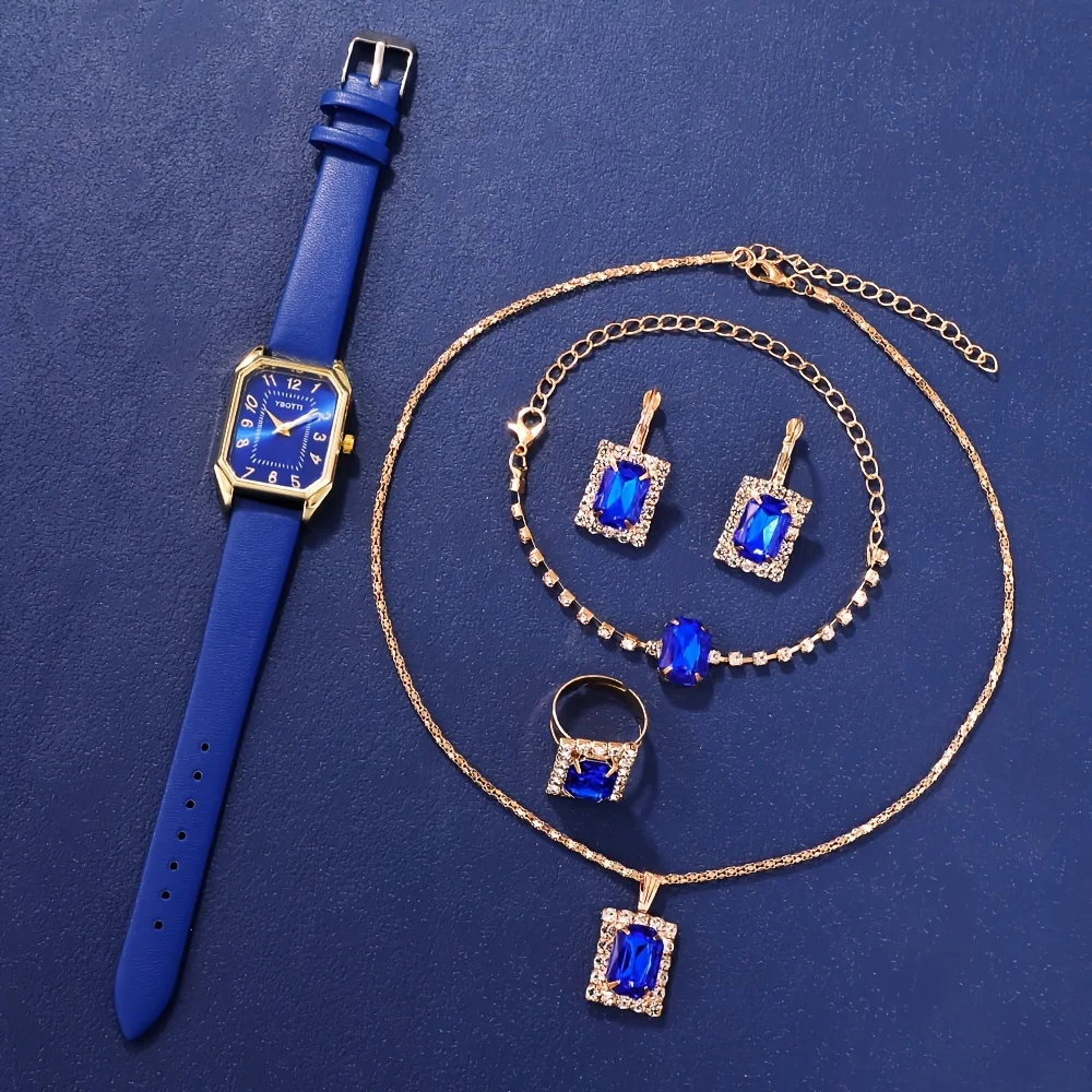Glamorous 6pcs Women'S Quartz Watch Set With Rhinestone Accessories - Trendy, Classic Square Dial, Analog Display,
