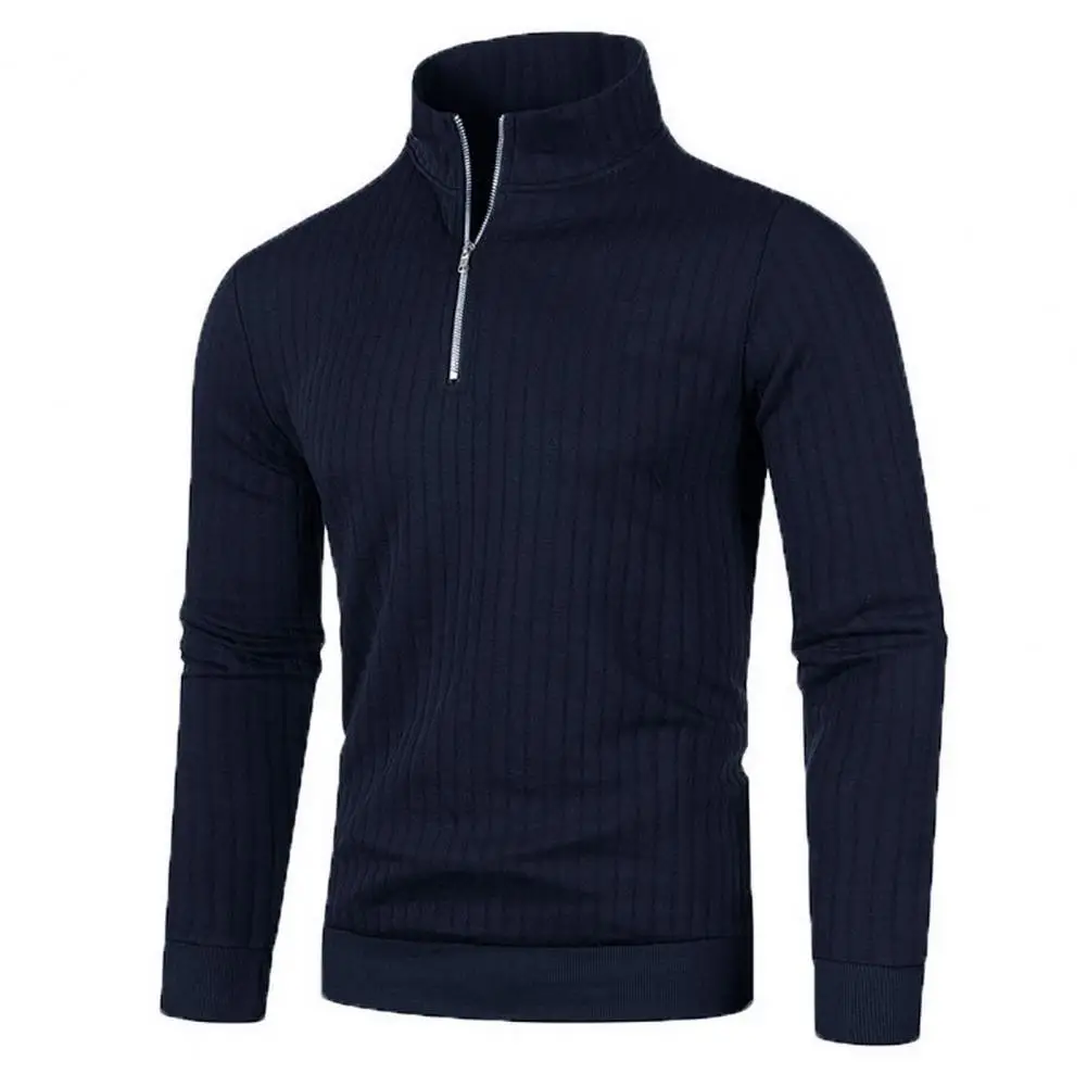 Description Picture 3 of itemMen Fall Winter Sweater Zipper Half-high Collar Knitted Soft Warm Elastic Casual Pullover Striped Men Mid Length Sweater