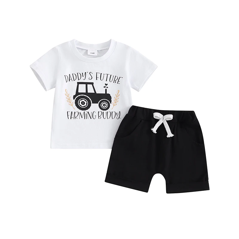 

Baby Boys Summer Outfits Car Print Toddler Shirt Short Sleeve Letter Print Tops Solid Color Jogger Shorts Set 0-3T