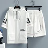 2 Pcs/Set Men Tracksuit Short Sleeve Hoodies+Pants Hooded Elastic Waist Summer Hip Hop Sweatshirt Sweatpants Loose Set 1