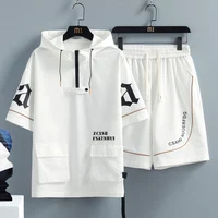 2 Pcs/Set Men Tracksuit Short Sleeve Hoodies+Pants Hooded Elastic Waist Summer Hip Hop Sweatshirt Sweatpants Loose Set 1