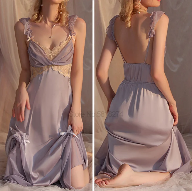 

New Sexy Lace Satin Nightgown Sleepwear Purple Night Dress Women Lingerie Backless Sleepdress Deep V-Neck Perspective Nightwear