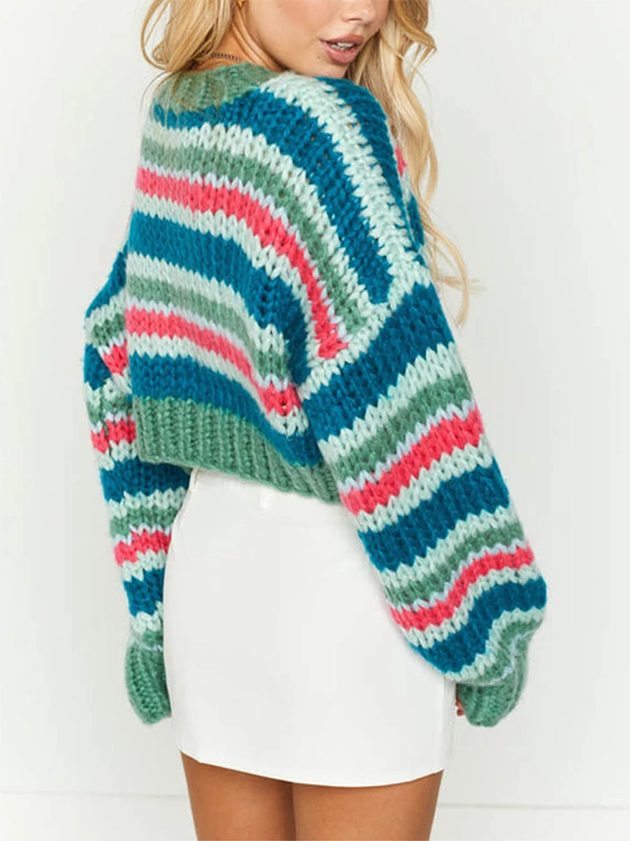 

Женские укороченные свитера, вязаный пуловер с коротким рукавом и круглым вырезом, повседневный свободный Радужный пуловер, укороченные топы, джемпер гранж на осень