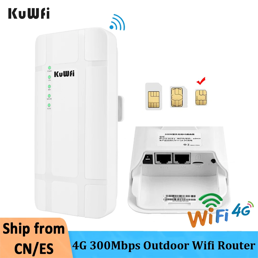 Kuwfi Outdoor 4g Wifi Router com Sim Card 300mbps à Prova d Água 24v Adaptador Poe Antena de Alto Ganho Router sem Fio para Câmera ip