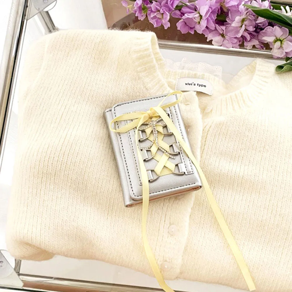 Silver Sweet Bow Wallets Women Y2k Designer Original Fashion Short Coin Purse Korean Style Casual New Cute Girls Mon