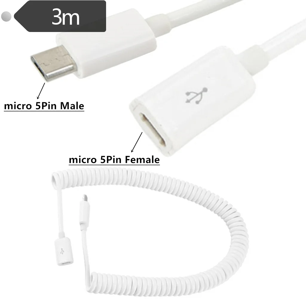 1m/3m USB 2.0 코일 마이크로 USB 남성 - 마이크로 USB 여성 확장 충전 나선형 케이블 코드