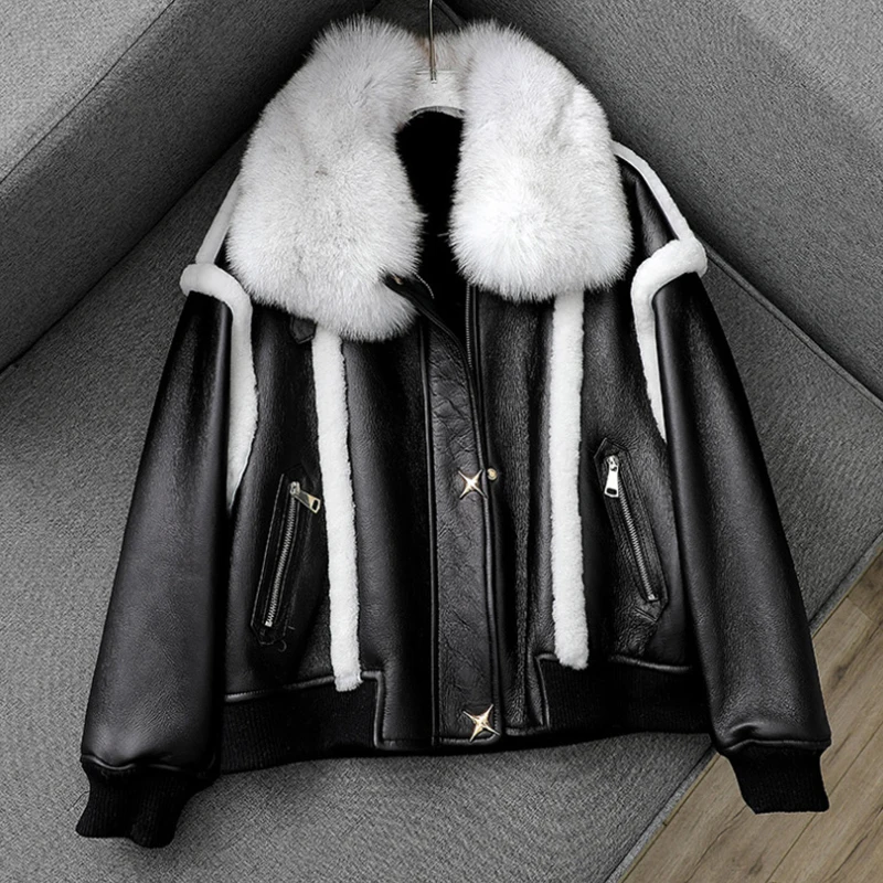 

New Fashion Winter Women Warm Real Fox Fur Collar Natural Merino Sheep Fur Coat Genuine Leather Jacket