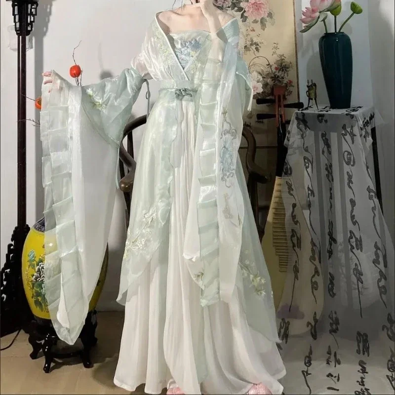 

Китайское платье Hanfu, женское традиционное вышитое танцевальное платье, зеленое танцевальное платье Hanfu