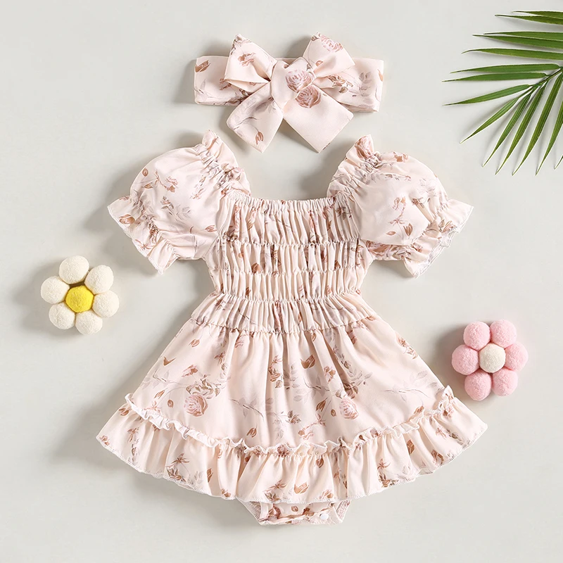 

Baby Girls Sweety Romper Set Puff Sleeve Off shoulder Pleated Flower Print A-line Bodysuit Dress with Bowknot Headband Sunsuits
