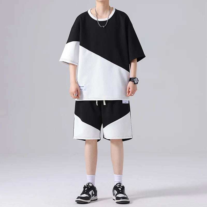 Elegant Fashion Harajuku Slim Fit Male Clothes Loose Casual Sport All Match Shorts O Neck Short Sleeve T-shirts Two Piece Set