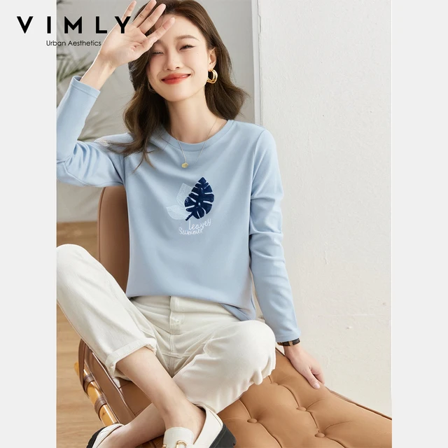 VIMLY T-shirts à manches longues pour femme, col rond, automne 2026, décontractés, brodés de fleurs, hauts amples en tricot pour femme A2960 1