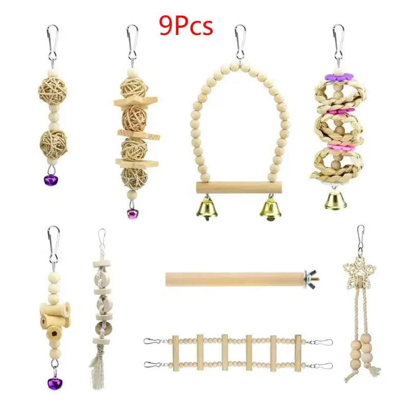 9 Pcs/Set Bird Parrot Swing Toys Chewing Standing Hanging Perch Hammock Climbing Ladder Bird Cage for Budgerigar Conure