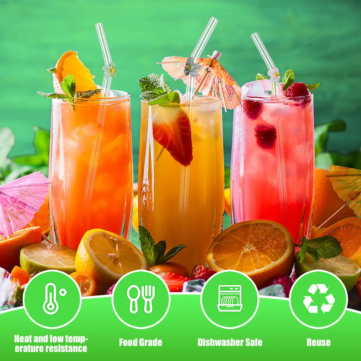 6Pcs Drinking Straws Clear Glass Drinking Staws with Cleaning Brush Cute Flower Tortoise Straws Heat-Resistant Smoothie drinking straws glass straw set
