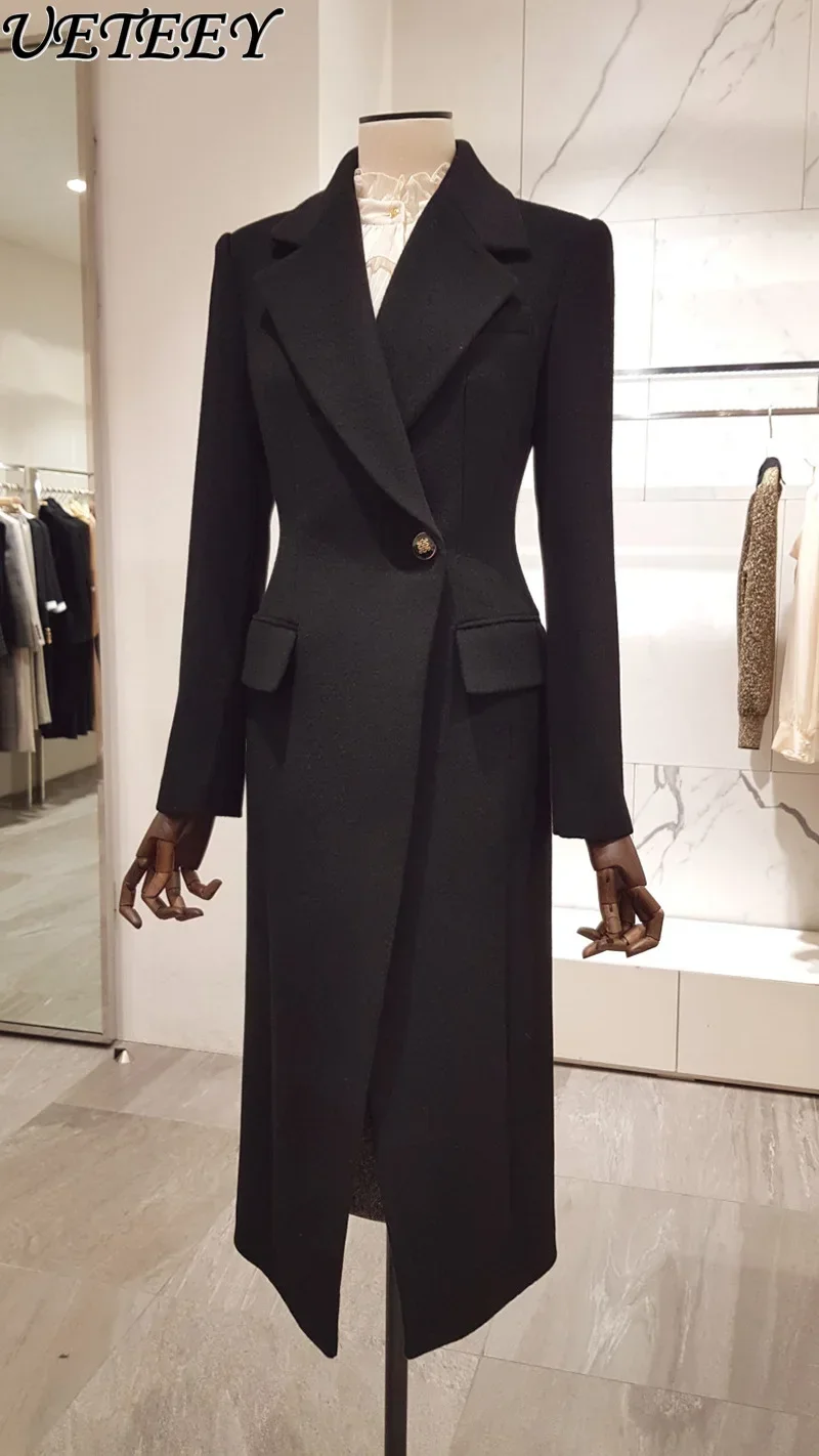 New Temperament Commute Suit Long Wool Coat One Button SlimFit Mid