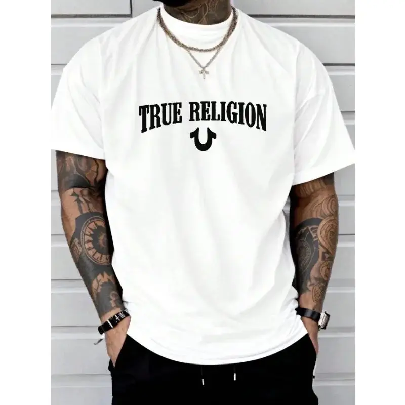 2025 New TRUE RELIGION Letter Fun Printed Cotton Men's T-shirt Fashion Loose Casual Daily Trend Large Round Neck Street T-shirt 2