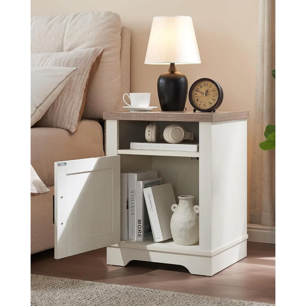 Farmhouse Nightstand,End Table with Barn Door,Nightstand WithOpen Shelf & Adjustable Shelf,Side Table,Bedside Cabinet 3