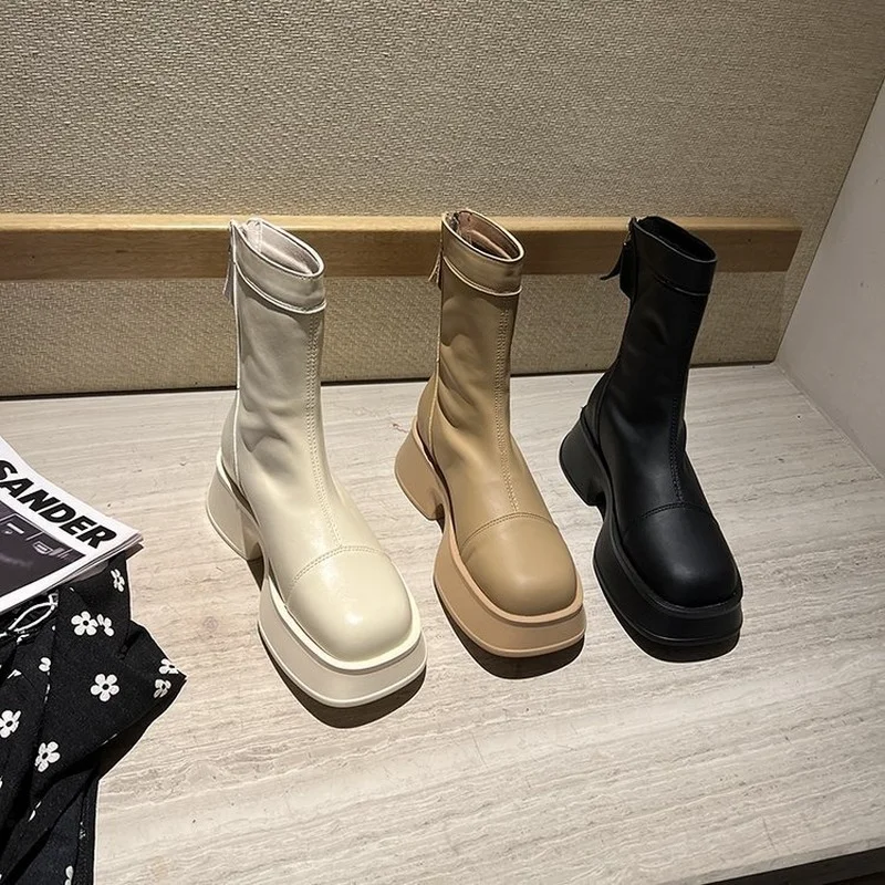 Thick-soled Boots Female Autumn Chelsea Boots Female Round Head 2022 Female Roman Style PU Leather Luxury Designer Women's Boots