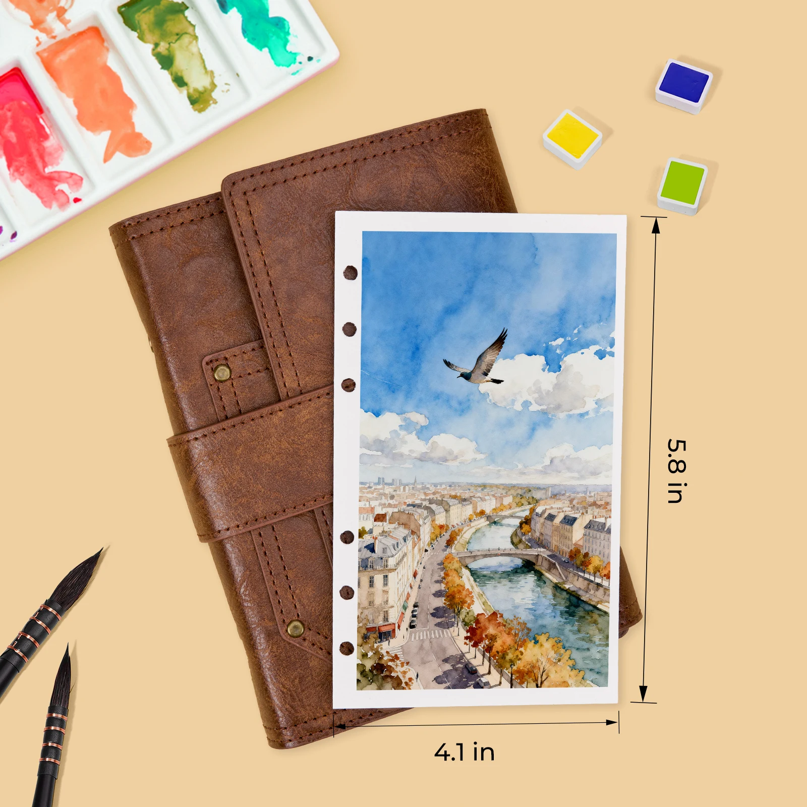 라이트위시 100% 순면 300gsm 무산성 수채화 스케치북 6.7x3.9인치 20매 리필 가능 아티스트 여행용 저널