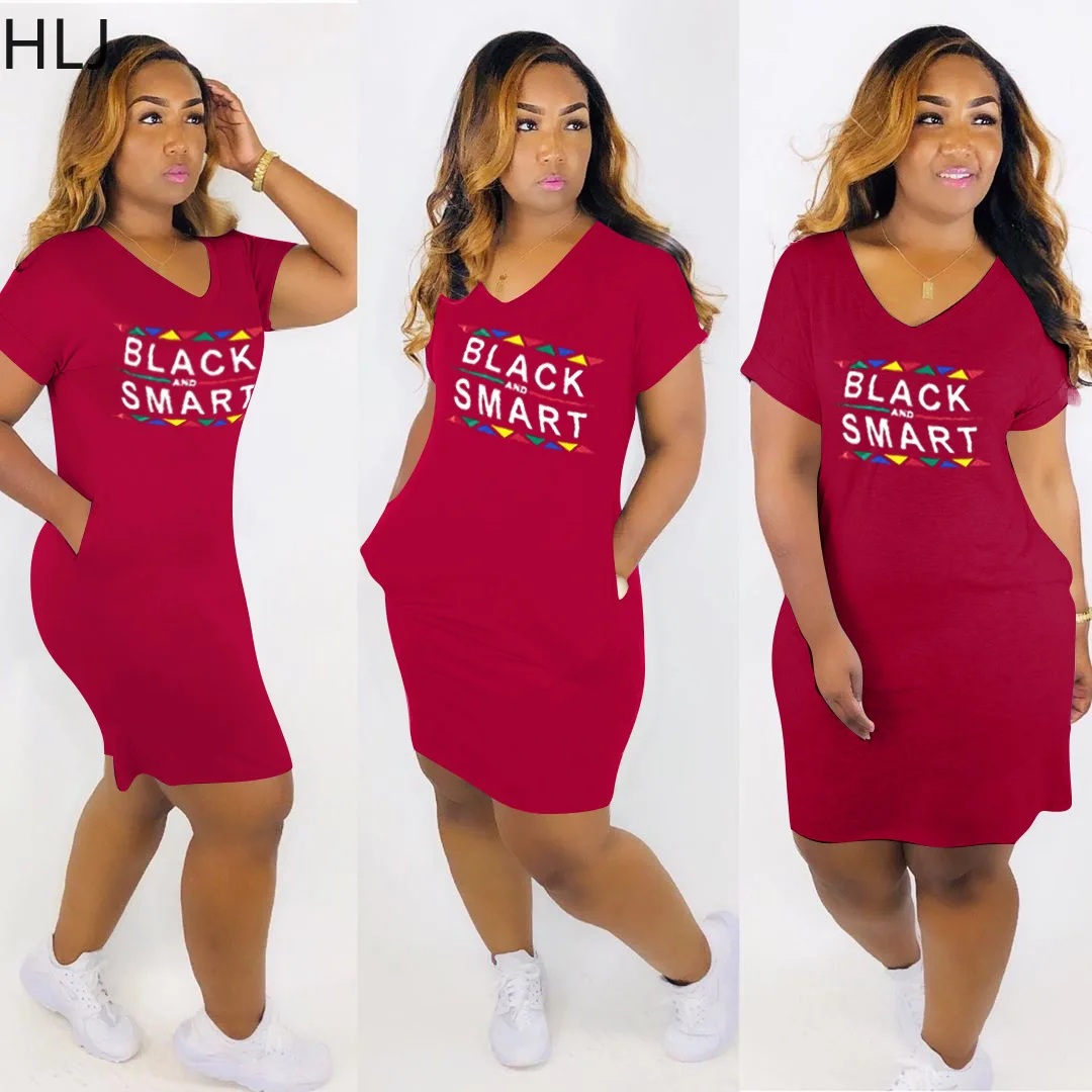 

HLJ Fashion Street Style Women V Neck Short Sleeve Loose Knee Dresses Casual Letter Printing Vestidos Summer With Pocket Clothes