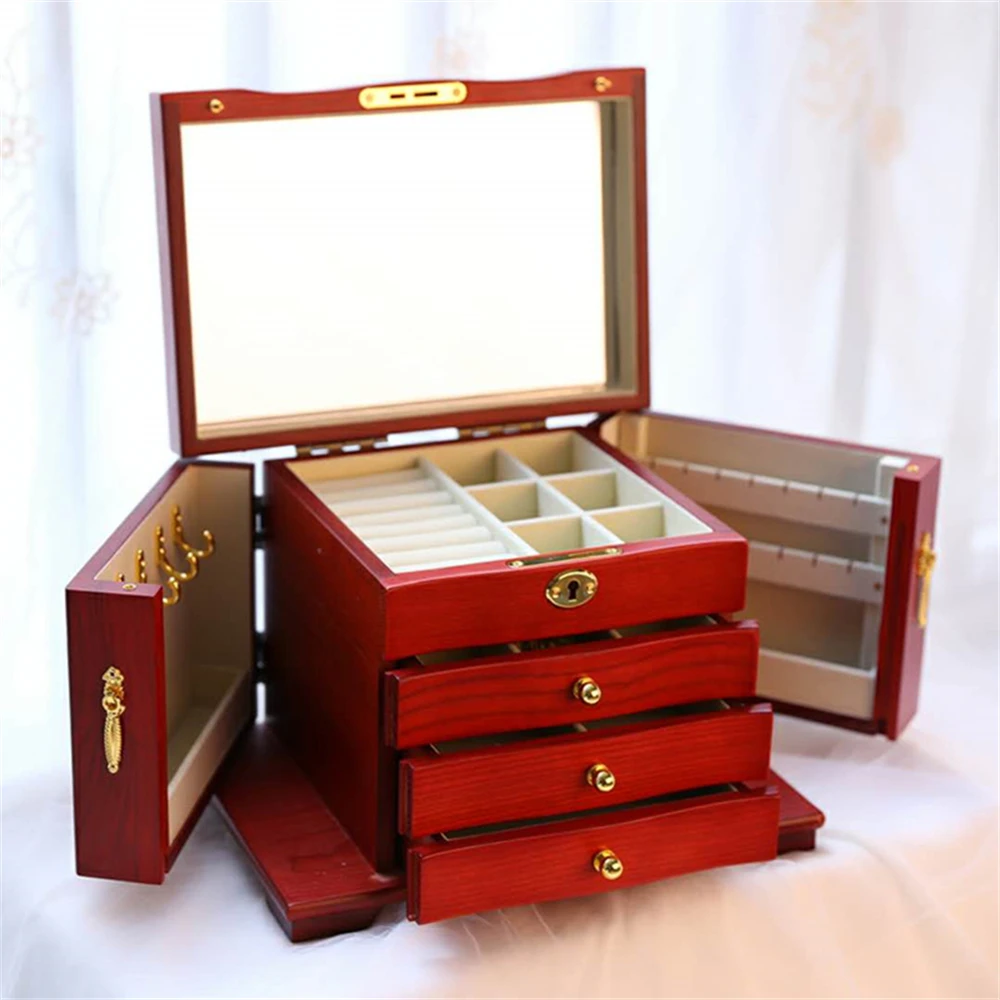 Wooden Jewelry Box Large Lockable Bracelet Earrings Necklace Ring Display Stand Women Accessories Jewelry Storage Box 2024