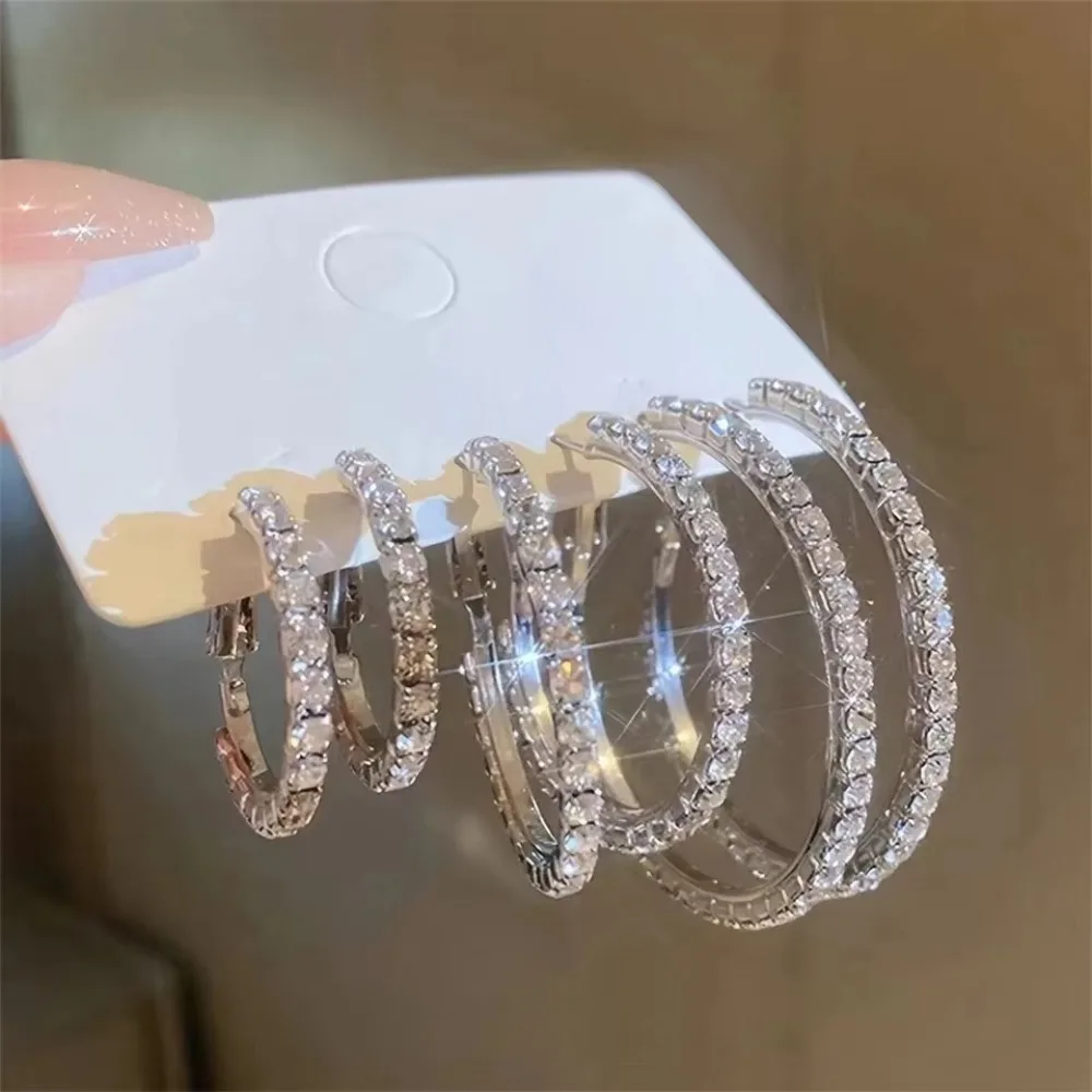 3 Pairs Full Shiny Rhinestone Hoop Earrings Different Size Gold/Silver Color Ins Earrings For Women Simple Luxury Jewelry