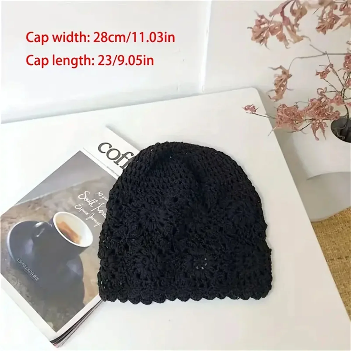 Ein Instagram mit japanischem Frühlings- und Herbstmuster, hohlem Vintage-Handarbeitshut für Frauen, gehäkeltem Blumenmuster, gestricktem Wollhut für Frauen. – Detail 1